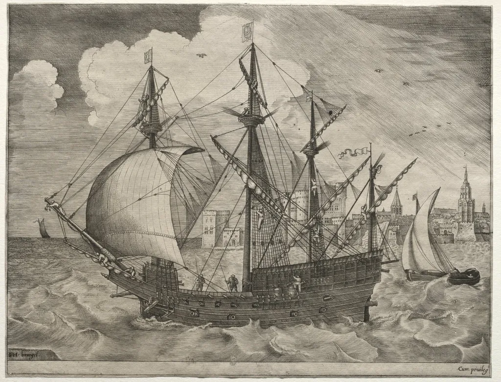 Sailing Vessels: Armed Four-Master Putting Out to Sea, by Pieter Brueghel I, 1563