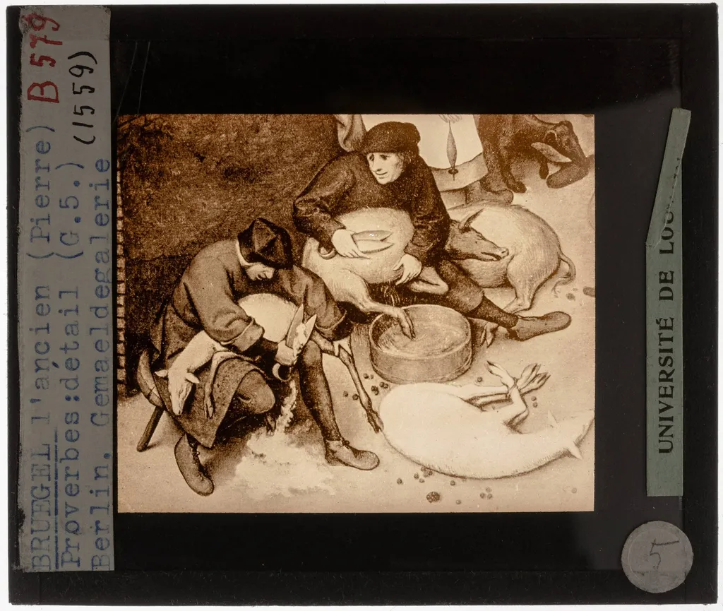 Pieter Brueghel the Elder. Dutch Proverbs Detail: One shears the sheep, the other the pigs, by Pieter Brueghel the Elder, unspecified, 1559