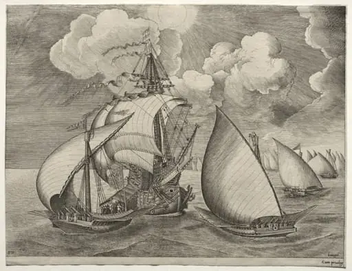 Sailing Vessels: A Fleet of Galleys Escorted by a Caravel, by Pieter Brueghel the Elder