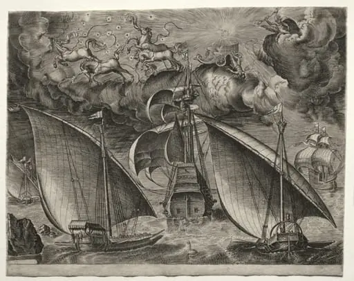 Sailing Vessels: Two Galleys Sailing Behind an Armed Three-Master with Phaeton and Jupiter in the Sky, by Pieter Brueghel the Elder