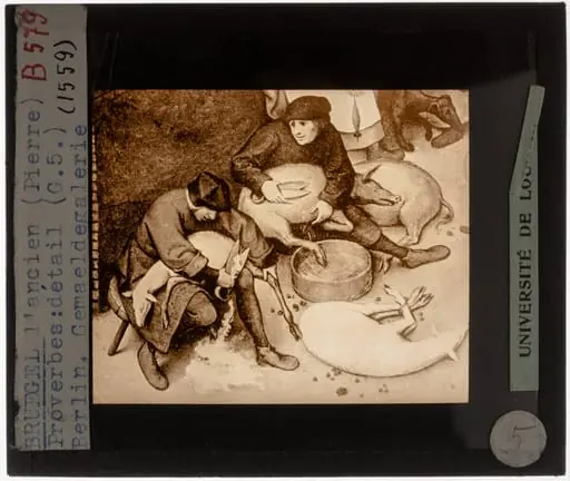 Pieter Brueghel the Elder. Dutch Proverbs Detail: One shears the sheep, the other the pigs