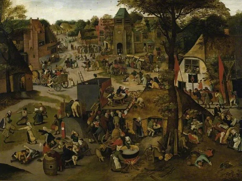 A Village Festival, With a Theatrical Performance and a Procession in Honour of St Hubert and St Anthony, by Pieter Brueghel the Younger, oil, 1632