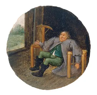 Vier Sprichwörter. Der zwischen zwei Stühlen Sitzende, by Pieter Brueghel the Younger, 1598