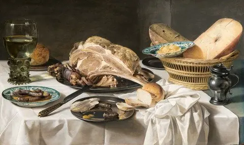 Breakfast Still Life with a Ham and a Basket of Cheese