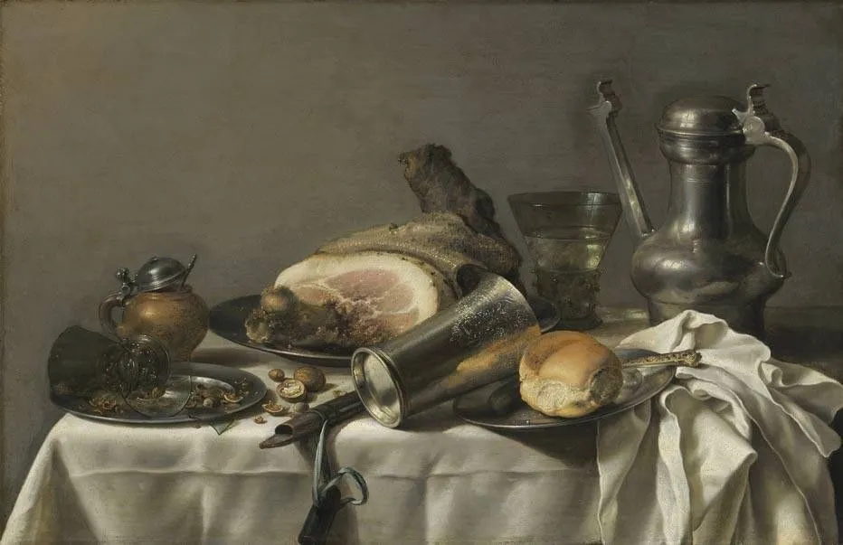 Laid table with Jan Steen pitcher and ham, by Pieter Claesz, unspecified, 1639