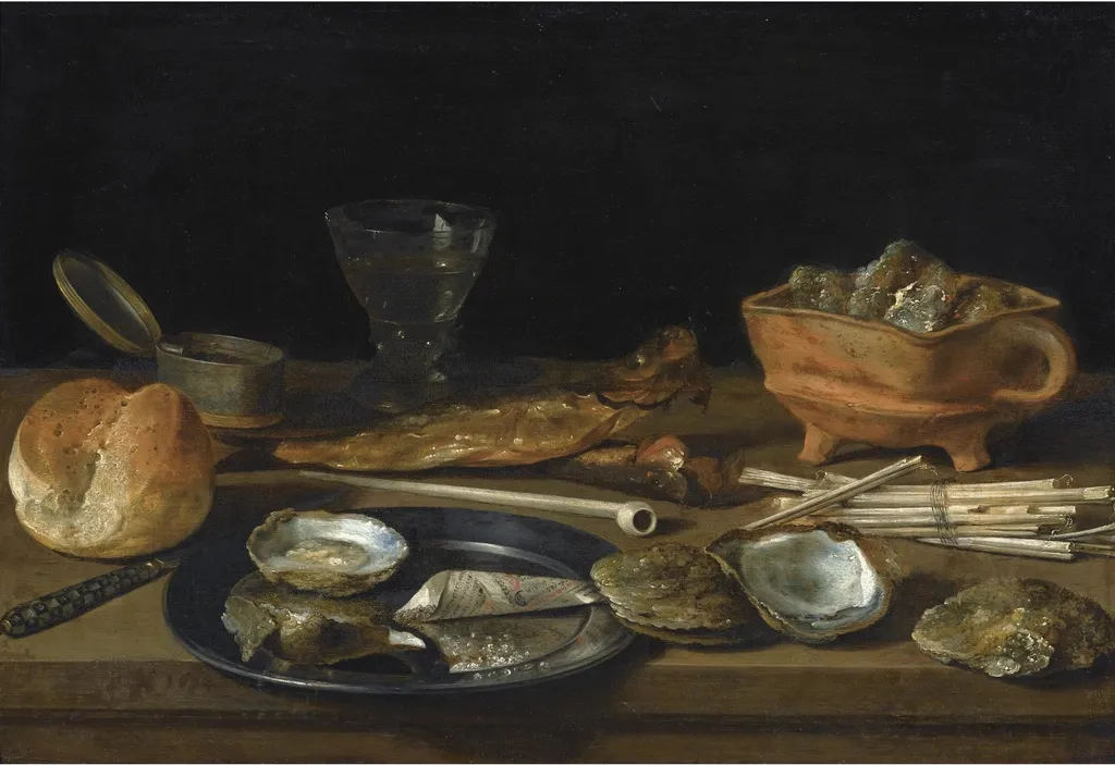 Still life with a brazier, a wine-glass, herring, oysters, bread, smoking paraphenalia, and a pewter plate, by Pieter Claesz, oil, 1624