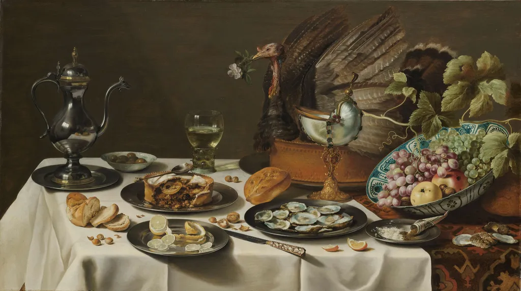 Still Life with a Turkey Pie, by Pieter Claesz, oil, 1627