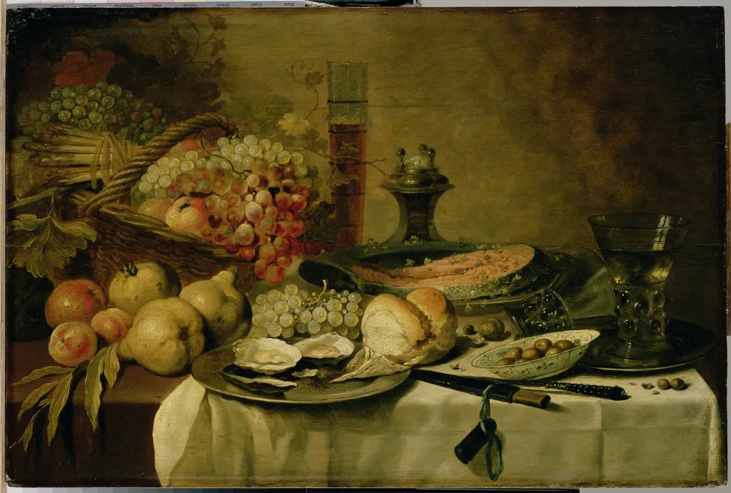 Still life with berkemeyers, salmon, fruit and oysters on a laid table, by Pieter Claesz, oil, 1651