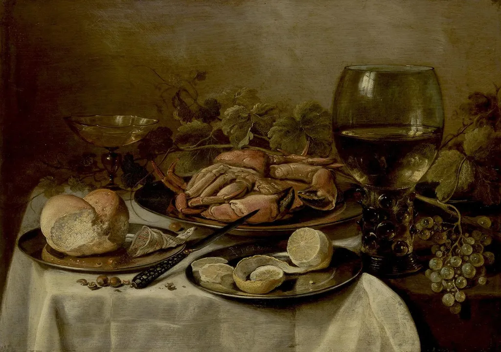 Still Life with Crab, Rummer and Grape, by Pieter Claesz, oil, 1644