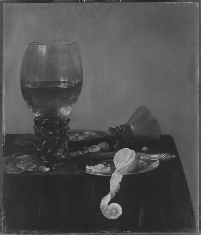 Still life with rummer, oysters, lemon and olives, by Pieter Claesz, oil, 1636