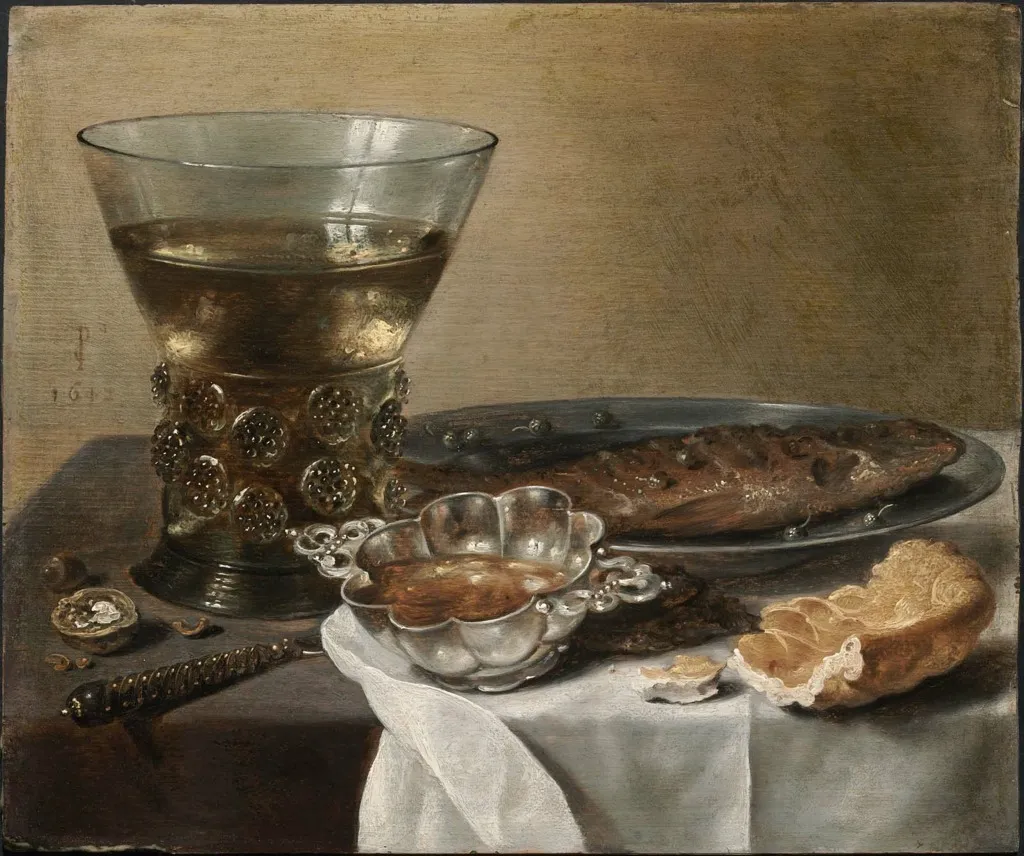 Still Life with Silver Brandy Bowl, Wine Glass, Herring, and Bread, by Pieter Claesz, oil, 1642