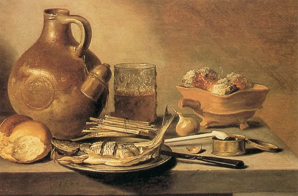 Still Life with Stone Jug, Kipper and smoker's requisites., by Pieter Claesz, oil, 1644