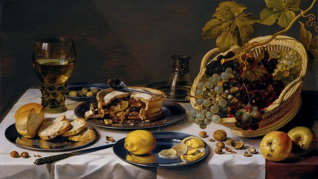 Tabletop Still Life with Mince Pie and Basket of Grapes, by Pieter Claesz, oil, 1625