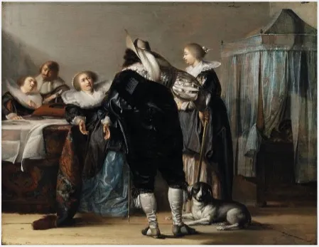 Interior with Figures, by Pieter Codde, oil, 1630