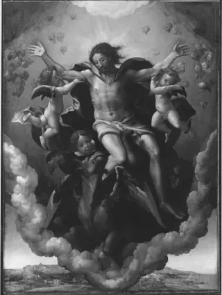 Ezekiel's vision of God sitting on his throne carried by four tetramorphs, each of them having four wings; wheels within wheels beside them (Ezekiel 1), by Pieter Coecke van Aelst, 1535