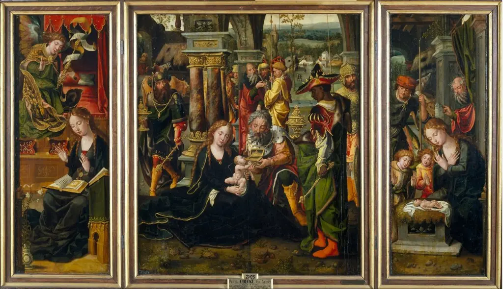Triptych with the Annunciation, the Adoration of the Magi and the Nativity with Angels and Shepherds, by Pieter Coecke van Aelst