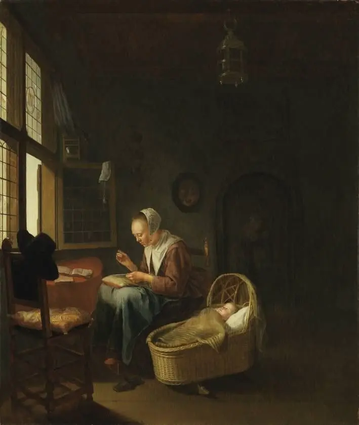 Eine nähende Mutter mit ihrem Kind, by Pieter Cornelisz. van Slingelandt