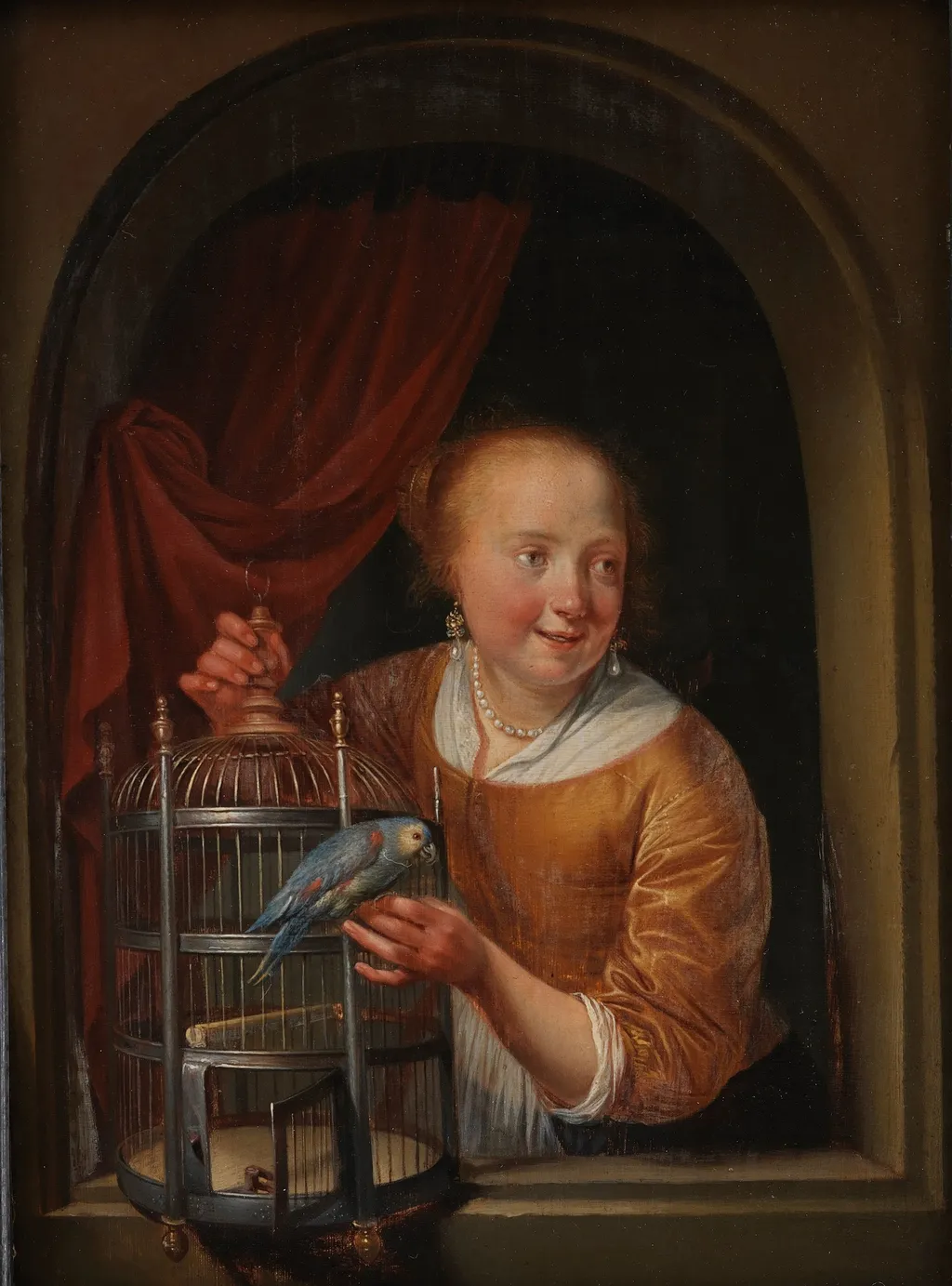 Girl with a Parrot, by Pieter Cornelisz. van Slingelandt, oil, 1673