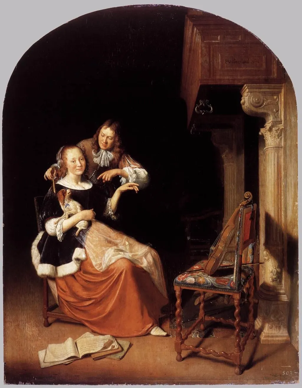 The Unmusical Dog, by Pieter Cornelisz. van Slingelandt, oil, 1672