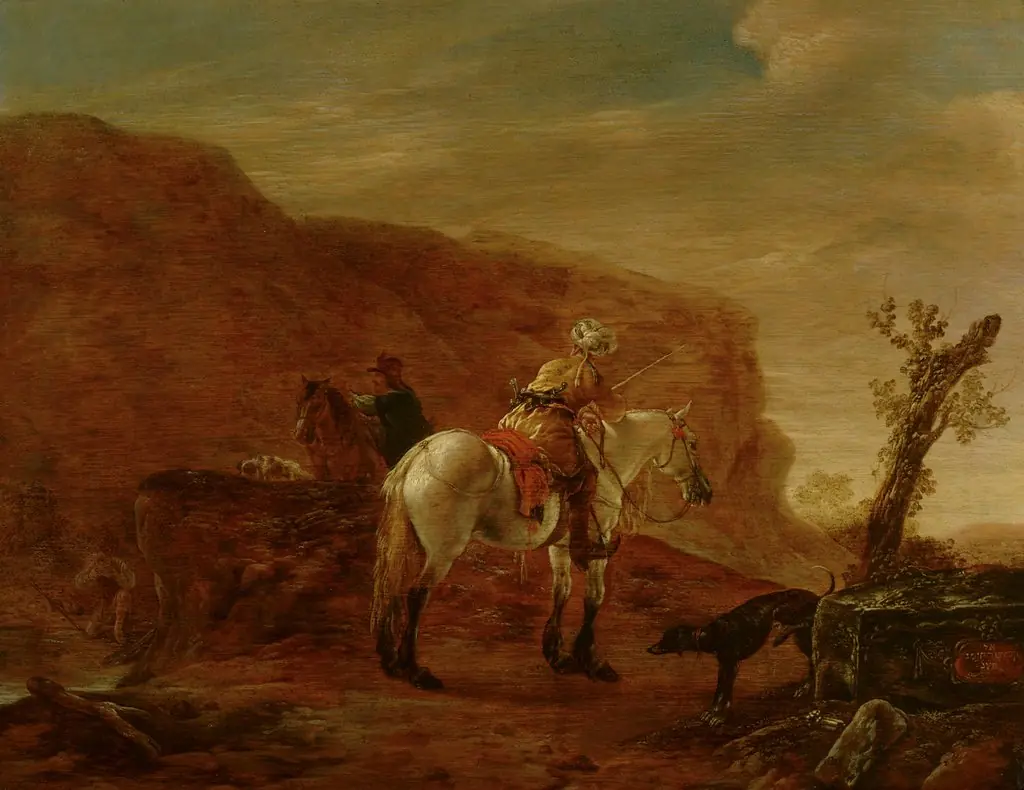 Two Horsemen by a Stream, by Pieter Cornelisz Verbeeck