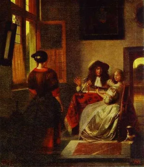 A Couple Making Music at a Table, with a Serving Girl, by Pieter de Hooch, oil