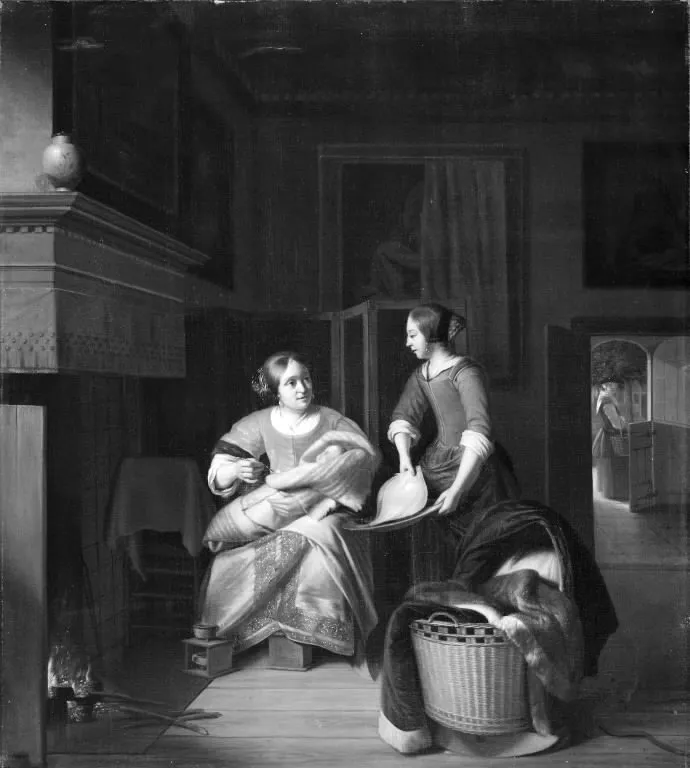 A Housewife Instructing her Maid, by Pieter de Hooch, oil, 1675
