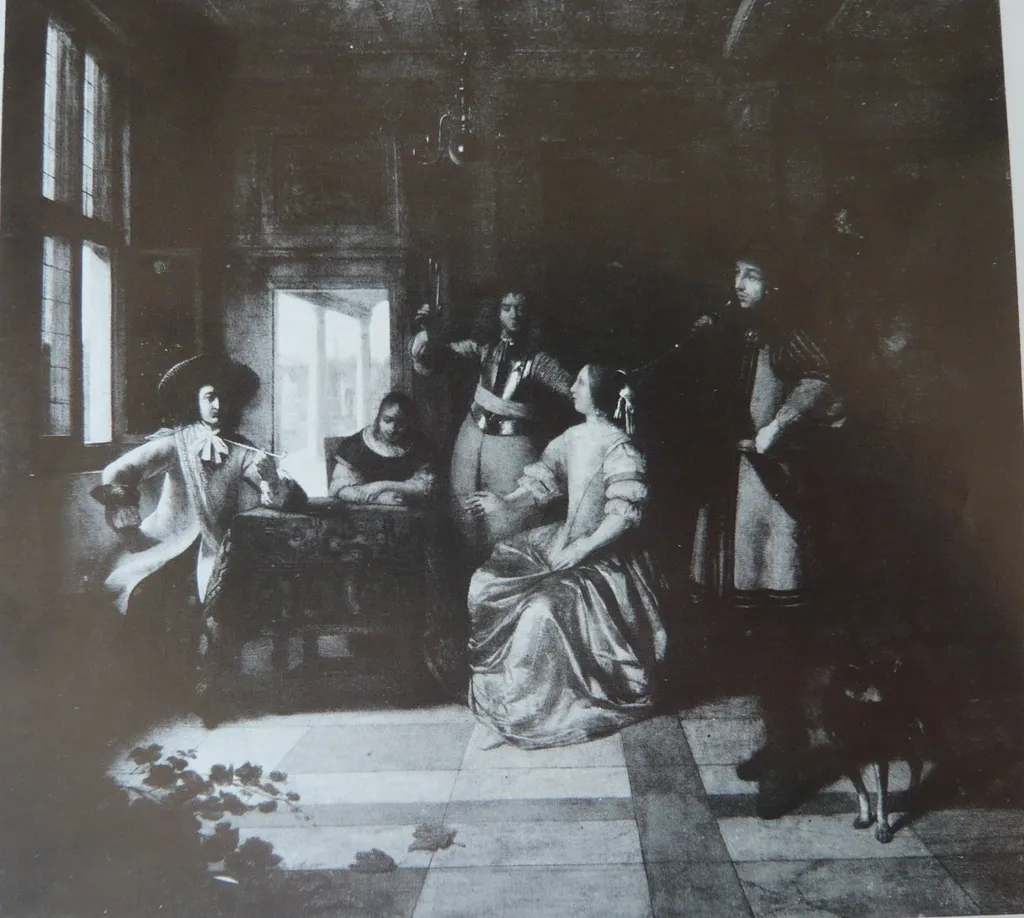 A Merry Company with a Trumpeter, by Pieter de Hooch, oil, 1674