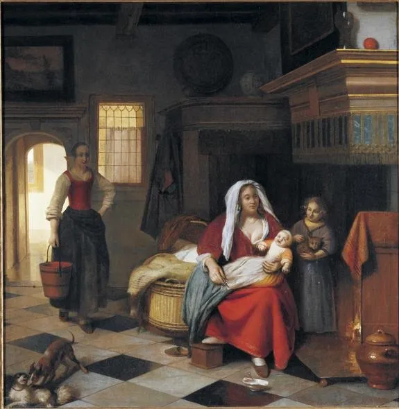 A mother with two children and a maid with a pail by a fireplace, by Pieter de Hooch, oil, 1675