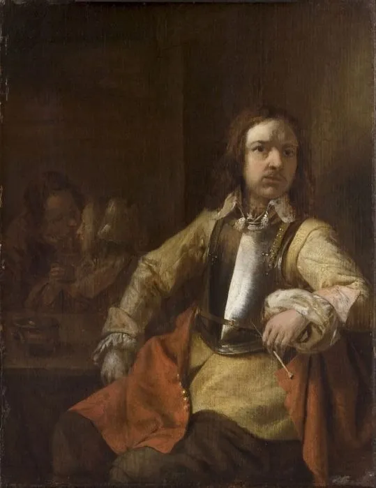 A soldier smoking a pipe, by Pieter de Hooch, oil, 1650