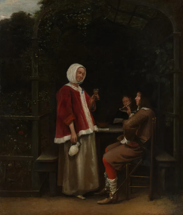 A Woman and Two Men in an Arbor — Pieter de Hooch