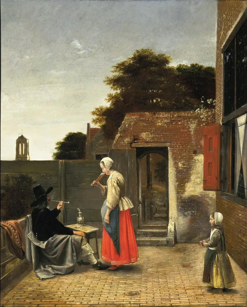 Courtyard with a man smoking and a woman drinking, by Pieter de Hooch