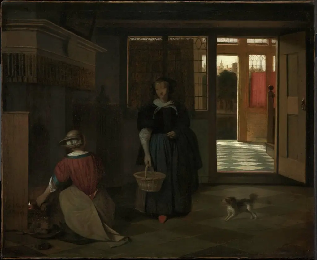 Interior of a Dutch house with a woman kneeling by a fire conversing with a woman standing, by Pieter de Hooch