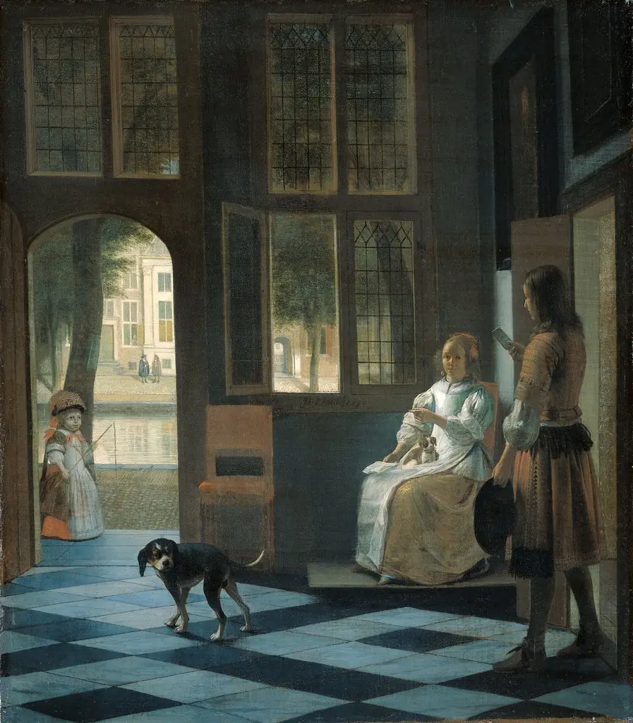 Man Handing a Letter to a Woman in the Entrance Hall of a House, by Pieter de Hooch