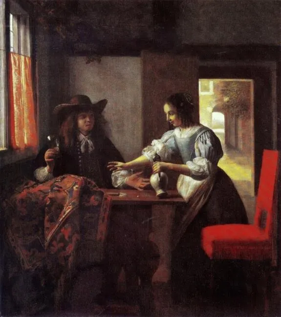 Man with a glass and a woman with a jug in an interior, by Pieter de Hooch, oil, 1669