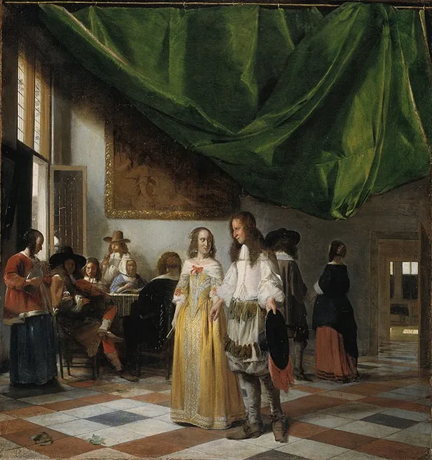 Merry Company in a Hall, by Pieter de Hooch, oil, 1665