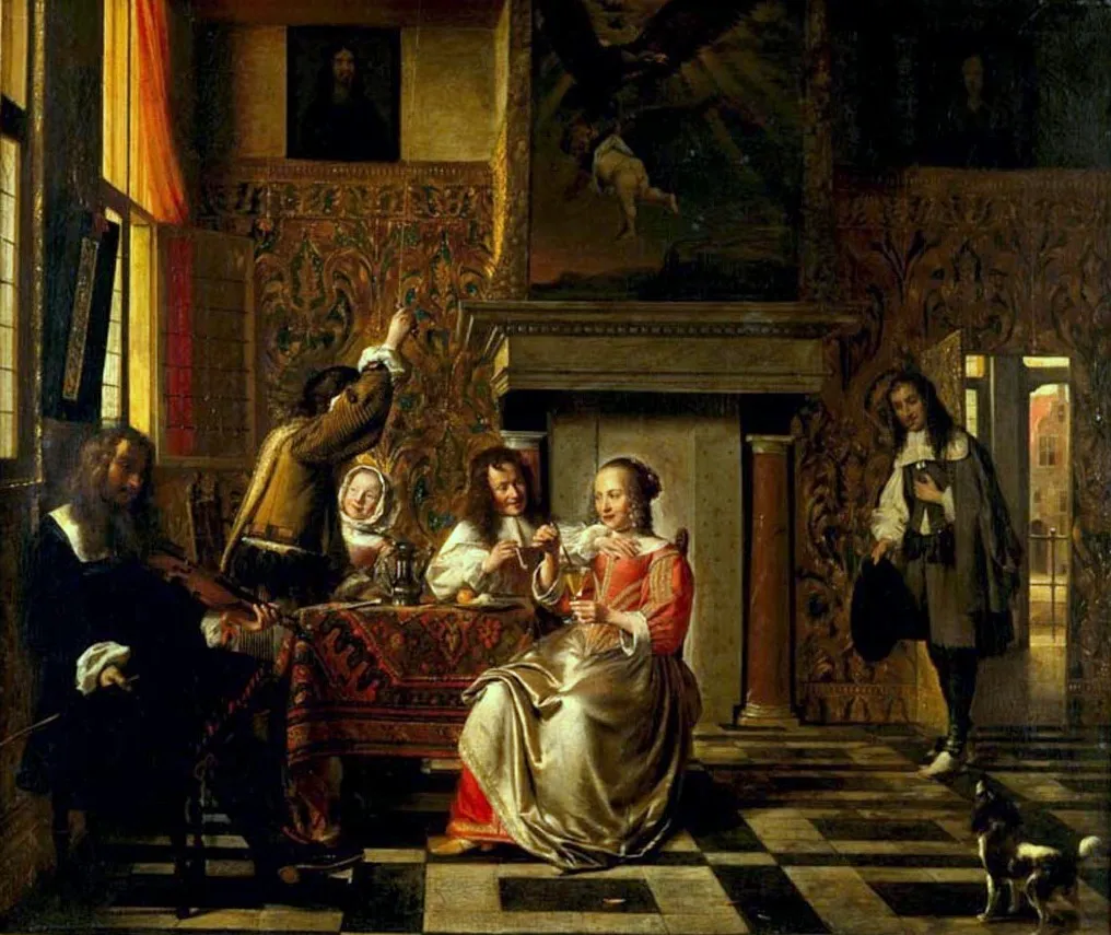 Merry company in an interior, by Pieter de Hooch, oil, 1662