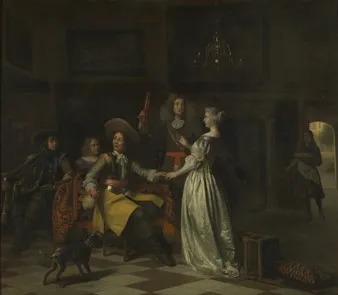 Merry company with trumpeter in a distinguished interior, by Pieter de Hooch, oil, 1670