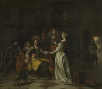 Merry company with trumpeter in a distinguished interior, by Pieter de Hooch