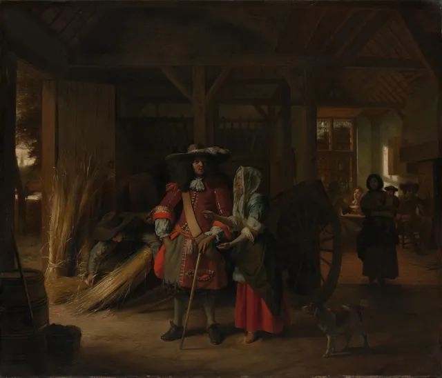 Officer paying a woman in a stable — Pieter de Hooch