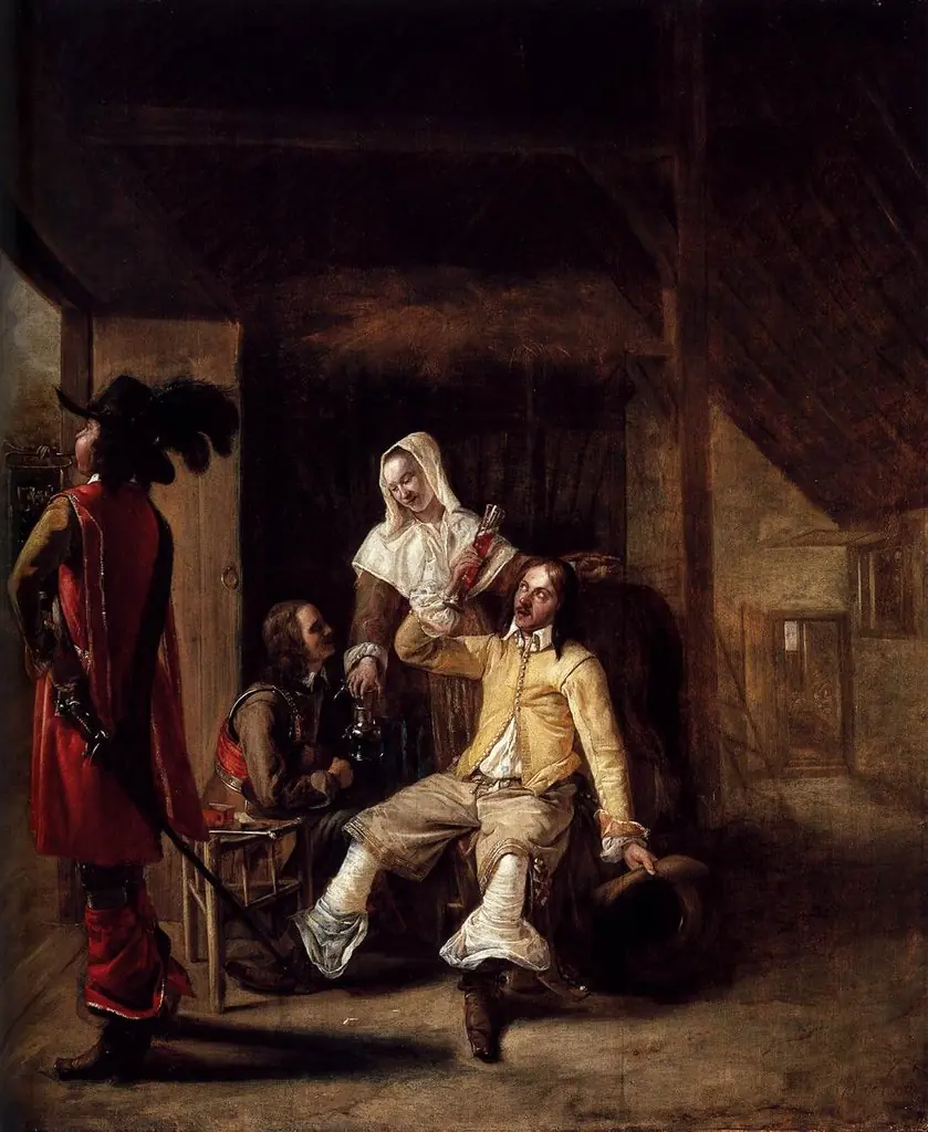 Two Soldiers and a Serving Woman with a Trumpeter, by Pieter de Hooch