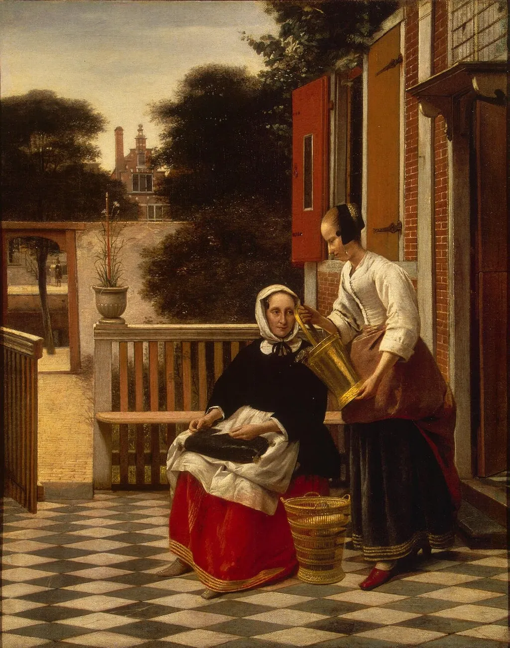 Woman and a maid with a pail of fish in a courtyard, by Pieter de Hooch, oil, 1660