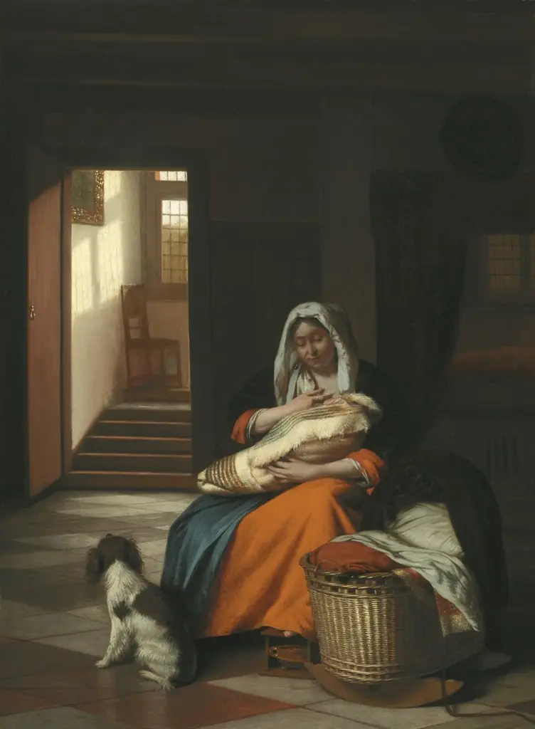 Woman nursing by a cradle with a dog at her feet