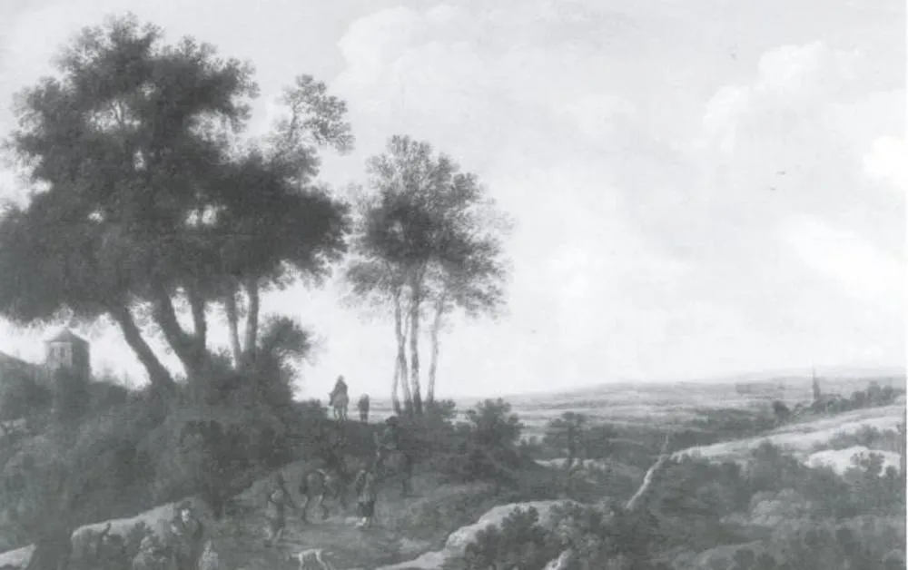 Landscape with Riders, by Pieter de Molijn, oil, 1660