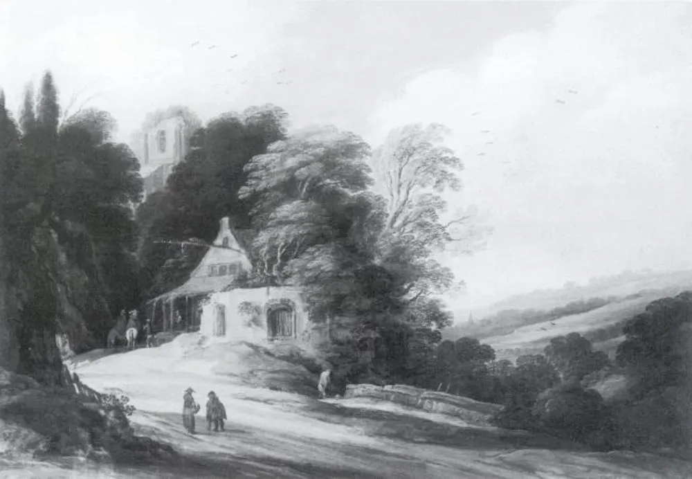 Wooded landscape with travellers outside a ruined inn, 1625, by Pieter Dircksz Santvoort, oil, 1625