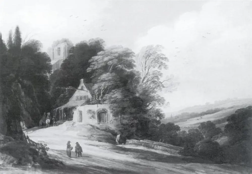 Wooded landscape with travellers outside a ruined inn, 1625, by Pieter Dircksz Santvoort