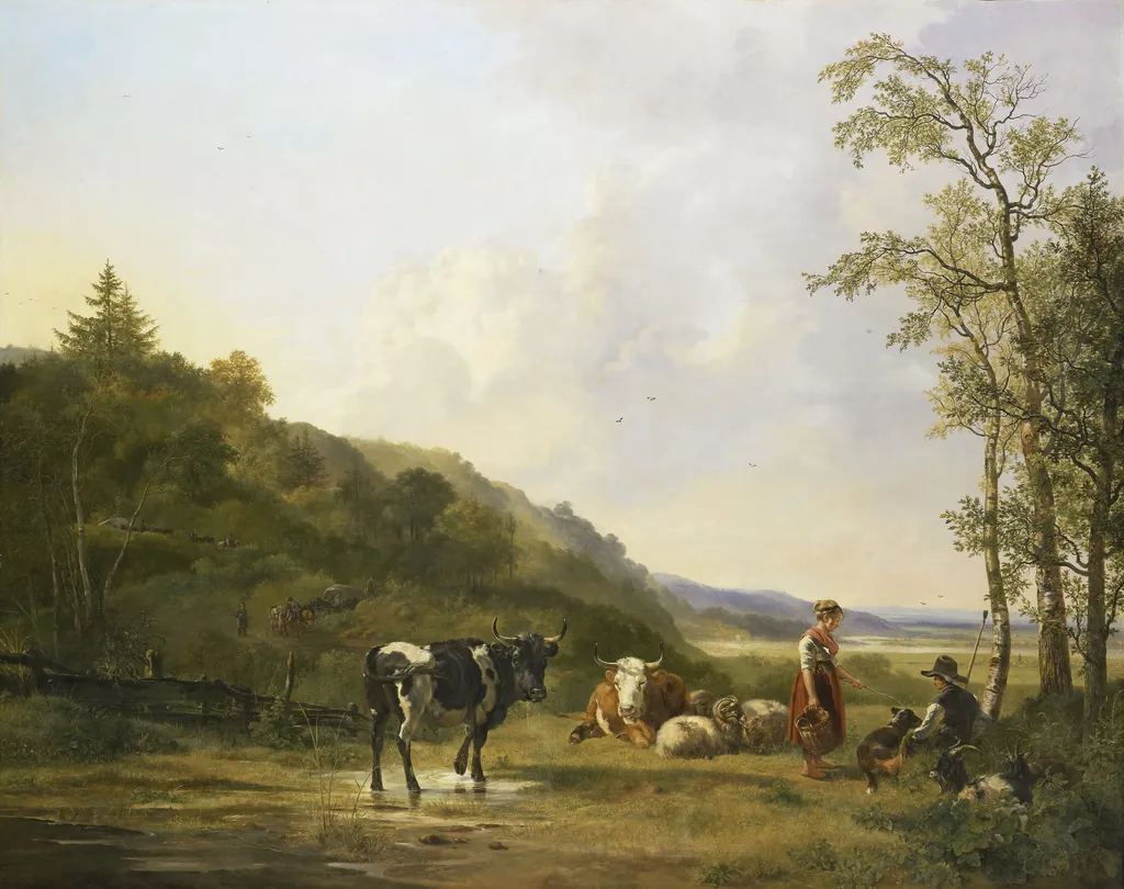 Landscape with Shepherd, Shepherdess and Cows, by Pieter Gerardus van Os, oil, 1820