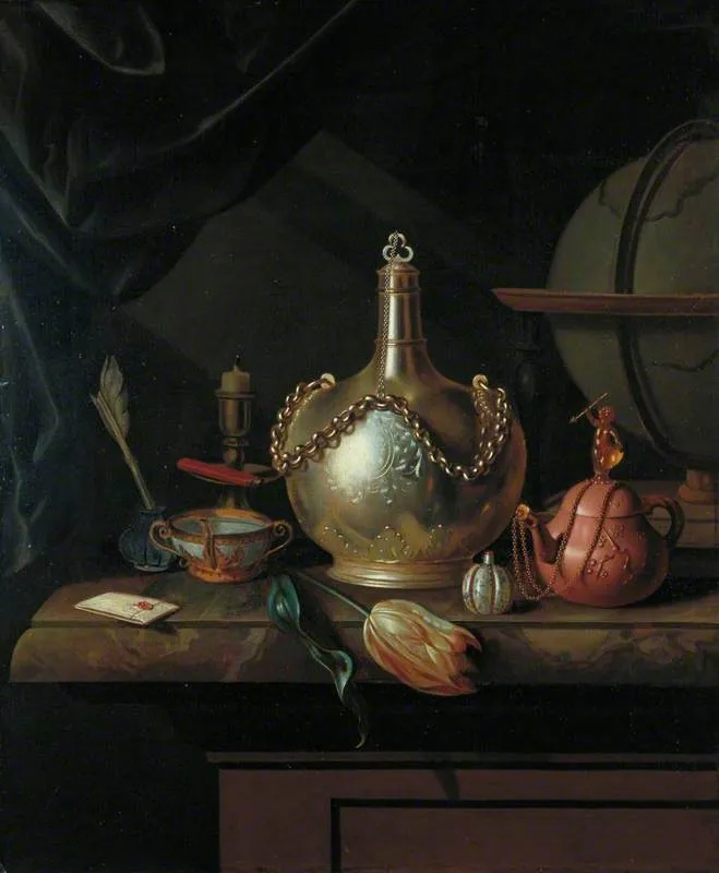 Chained Flask, Brown Teapot and Globe, by Pieter Gerritsz van Roestraten, oil, 1696
