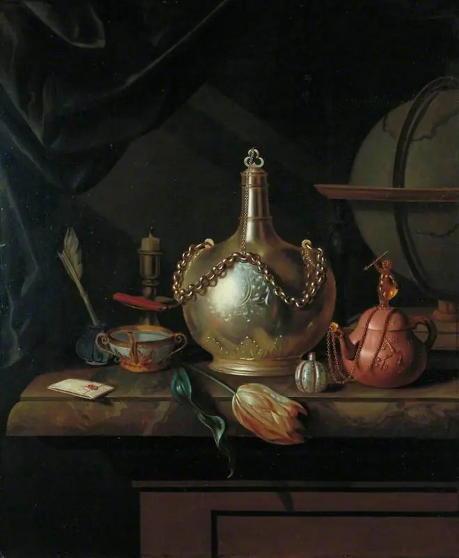 Chained Flask, Brown Teapot and Globe, by Pieter Gerritsz van Roestraten
