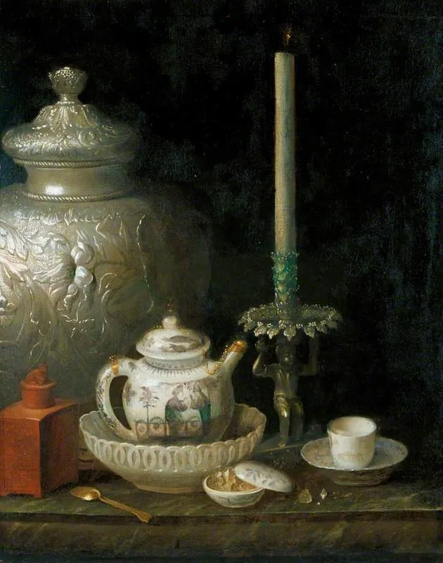 Teapot, Ginger Jar and Slave Candlestick, by Pieter Gerritsz van Roestraten, oil, 1698