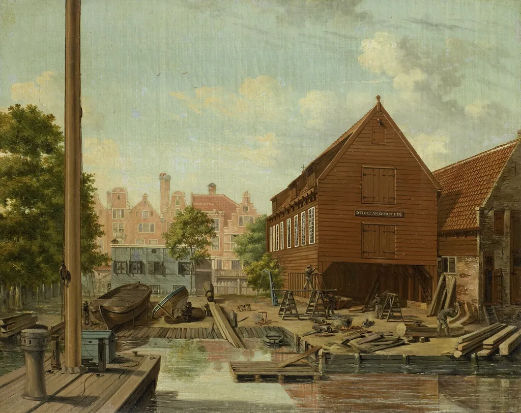 The Shipyard 'D'Hollandsche Tuin' on Bickers Eiland, Amsterdam, by Pieter Godfried Bertichen, oil, 1823